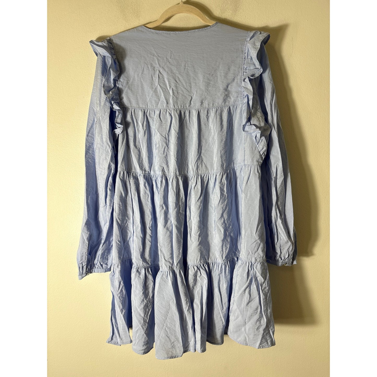 Zara Light Blue Long Sleeve Tiered Cotton Knee Length Dress Sz XL