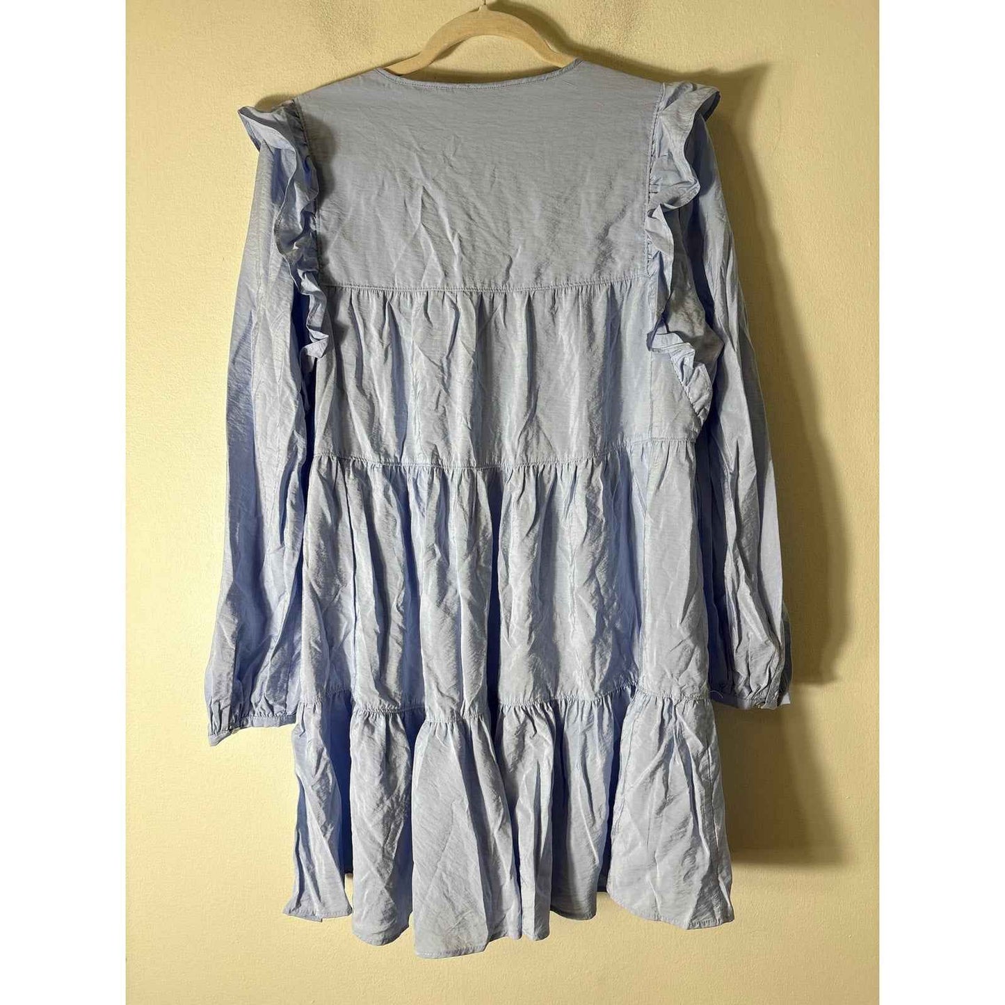 Zara Light Blue Long Sleeve Tiered Cotton Knee Length Dress Sz XL