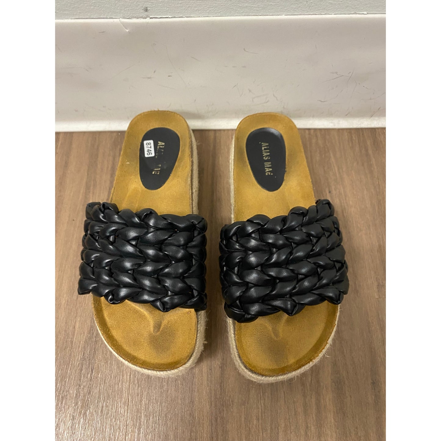 Alias Mae Black Braided Leather Stacked Slides Sz 8.5