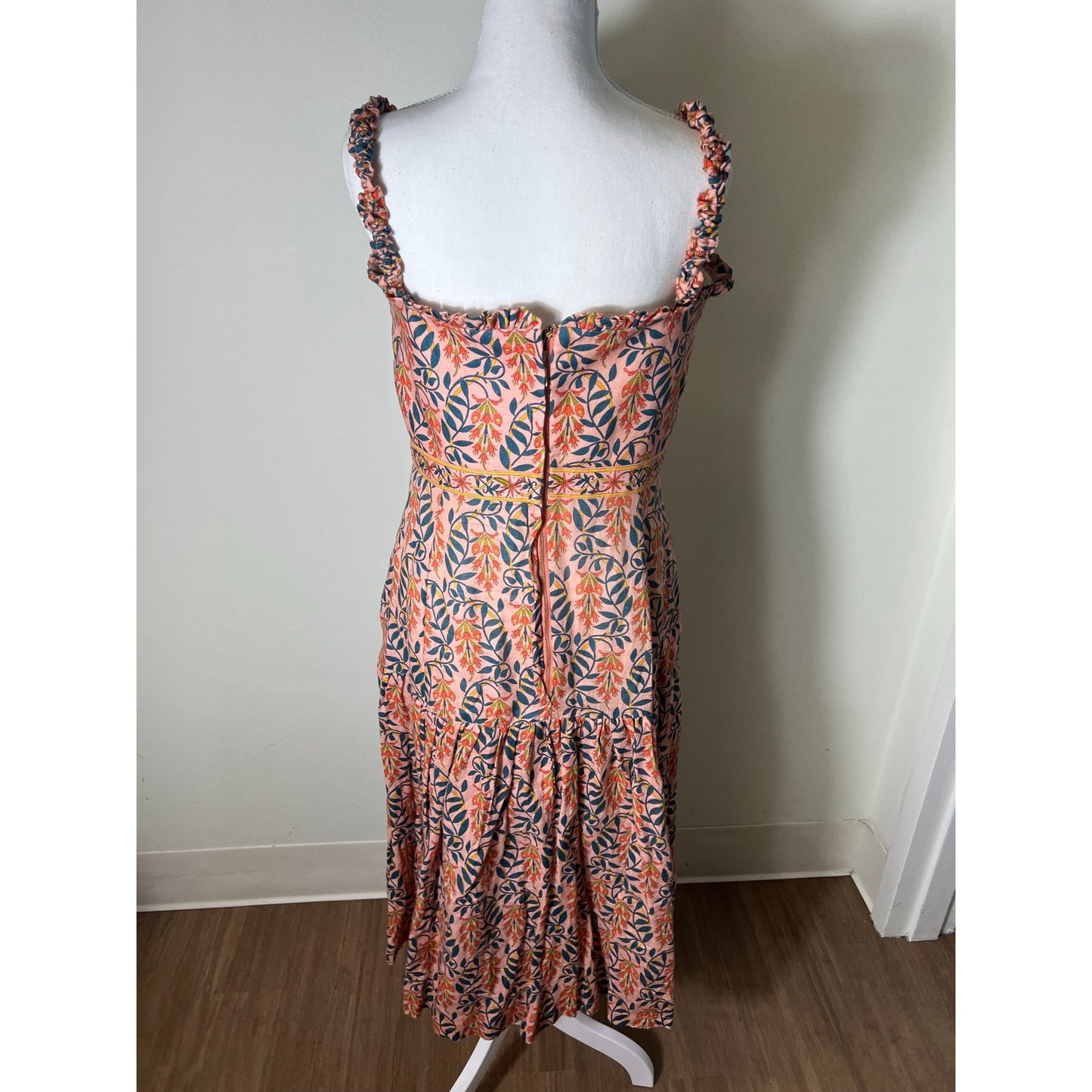 Agua Bendita Blush Floral Spaghetti Strap Button Up Linen Maxi Dress Sz L