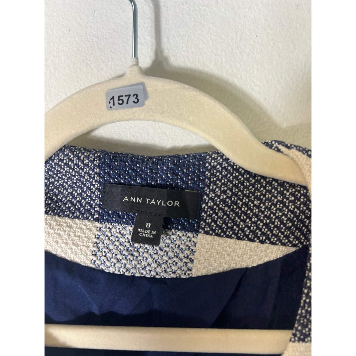 Ann Taylor Navy and White Large Check Long Sleeve Cotton Jacket Sz 8