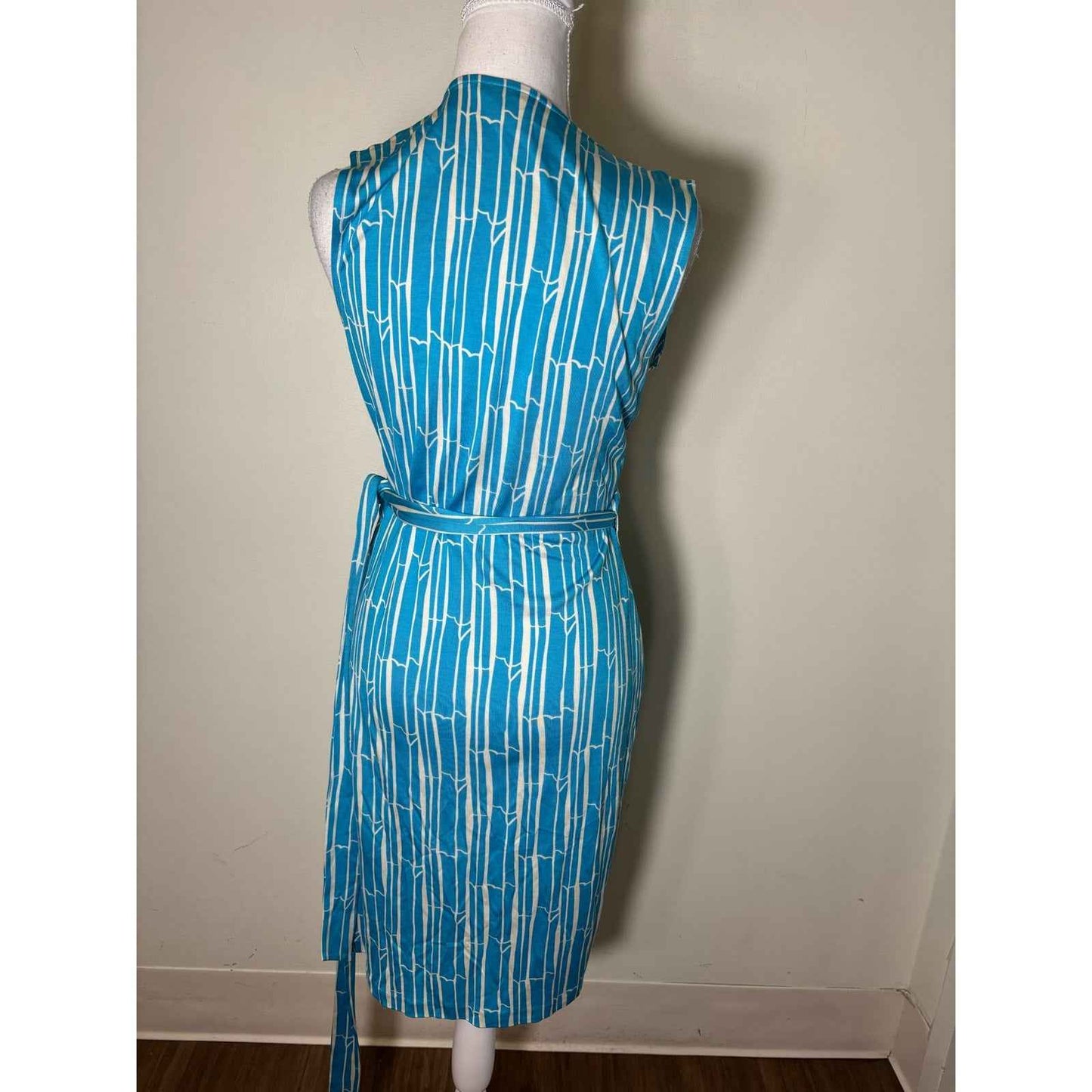 Diane VonFurstenburg Teal/White Bamboo Wrap Sleeveless Dress Sz 8