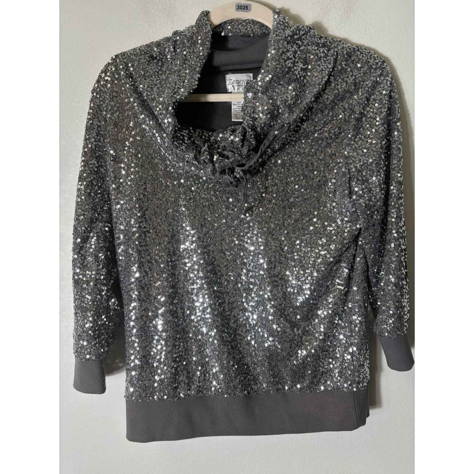 Zenergy by Chicos Gray Sequin Long Sleeve Top Sz 00