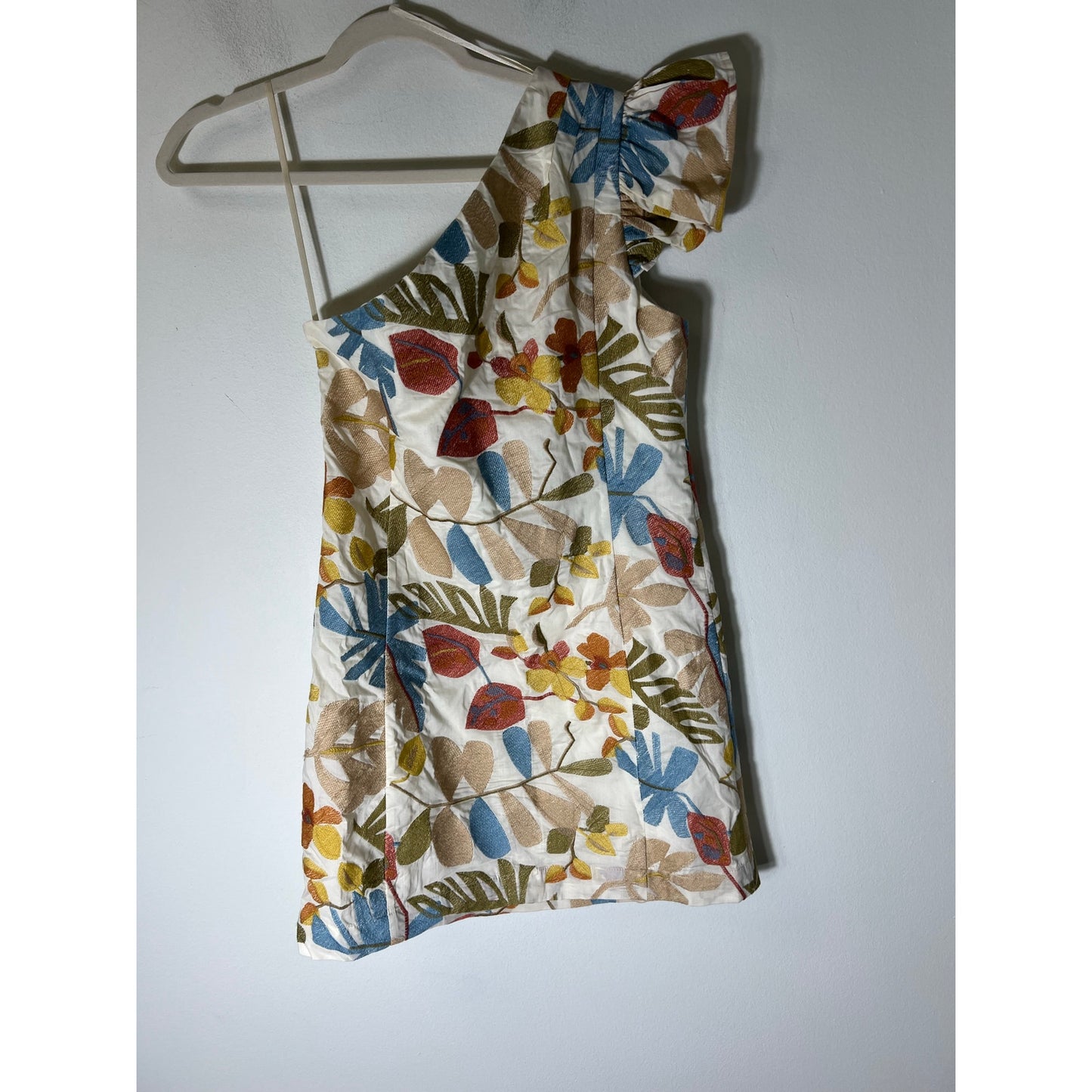 Greylin Off White Floral Print One Shoulder Knee Length Cotton Dress Sz S