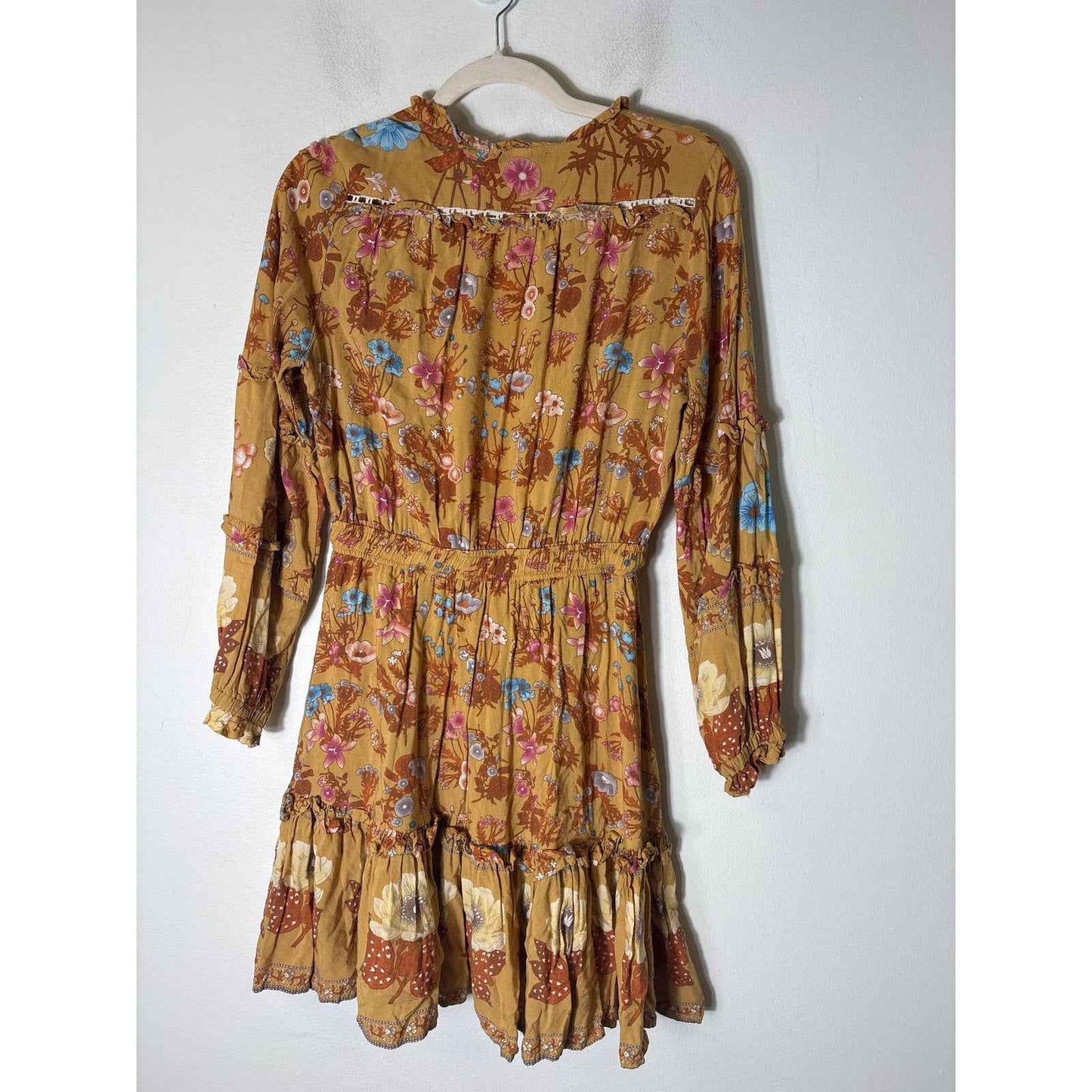Aly Daly Gold Floral Long Sleeve V-Neck Knee Length Dress Sz S