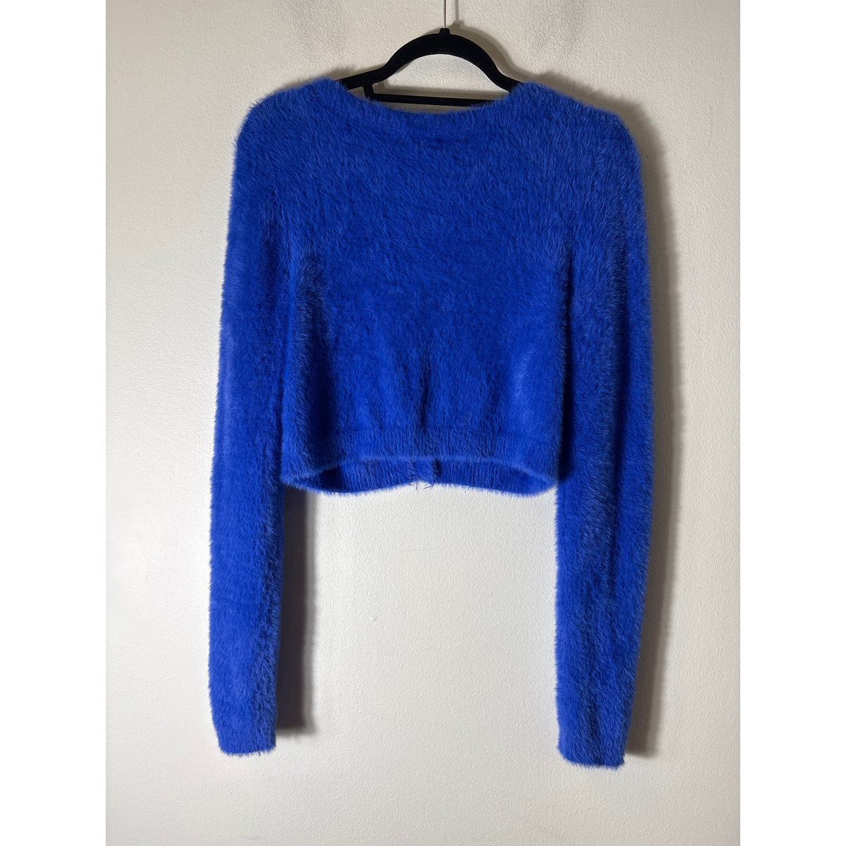 Sunday Best Bright Blue Long Sleeve Fuzzy CROPPED Cardigan Sweater Sz M