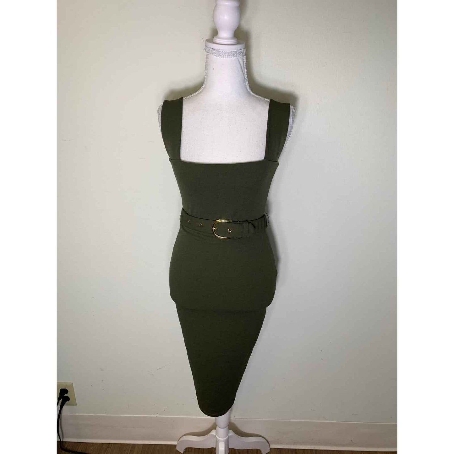 Nookie Dark Green Body Con Belted Midi Dress Sz S