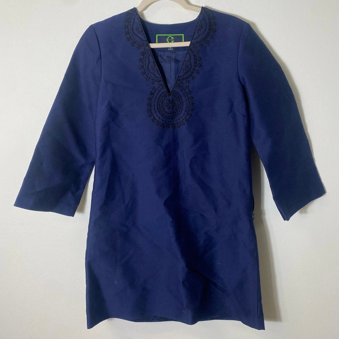C Wonder Navy Blue Embroidered 3/4 Sleeve Tunic Dress Sz 4