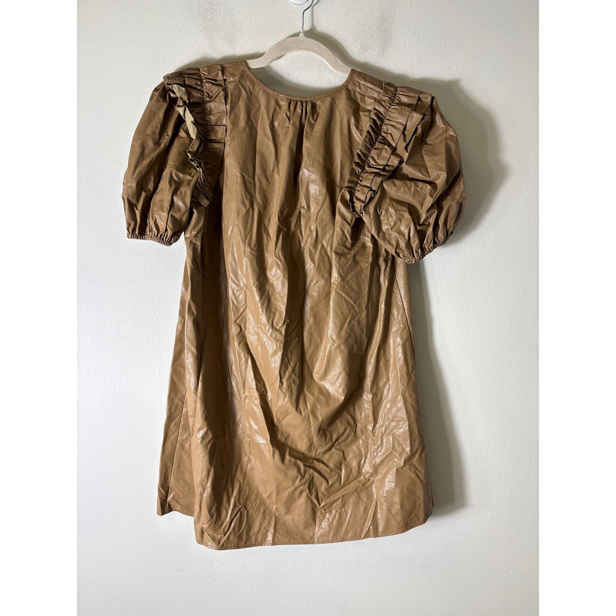 Oliveaceous Light Brown Faux Leather Short :Puff Sleeve Mini Dress Sz L