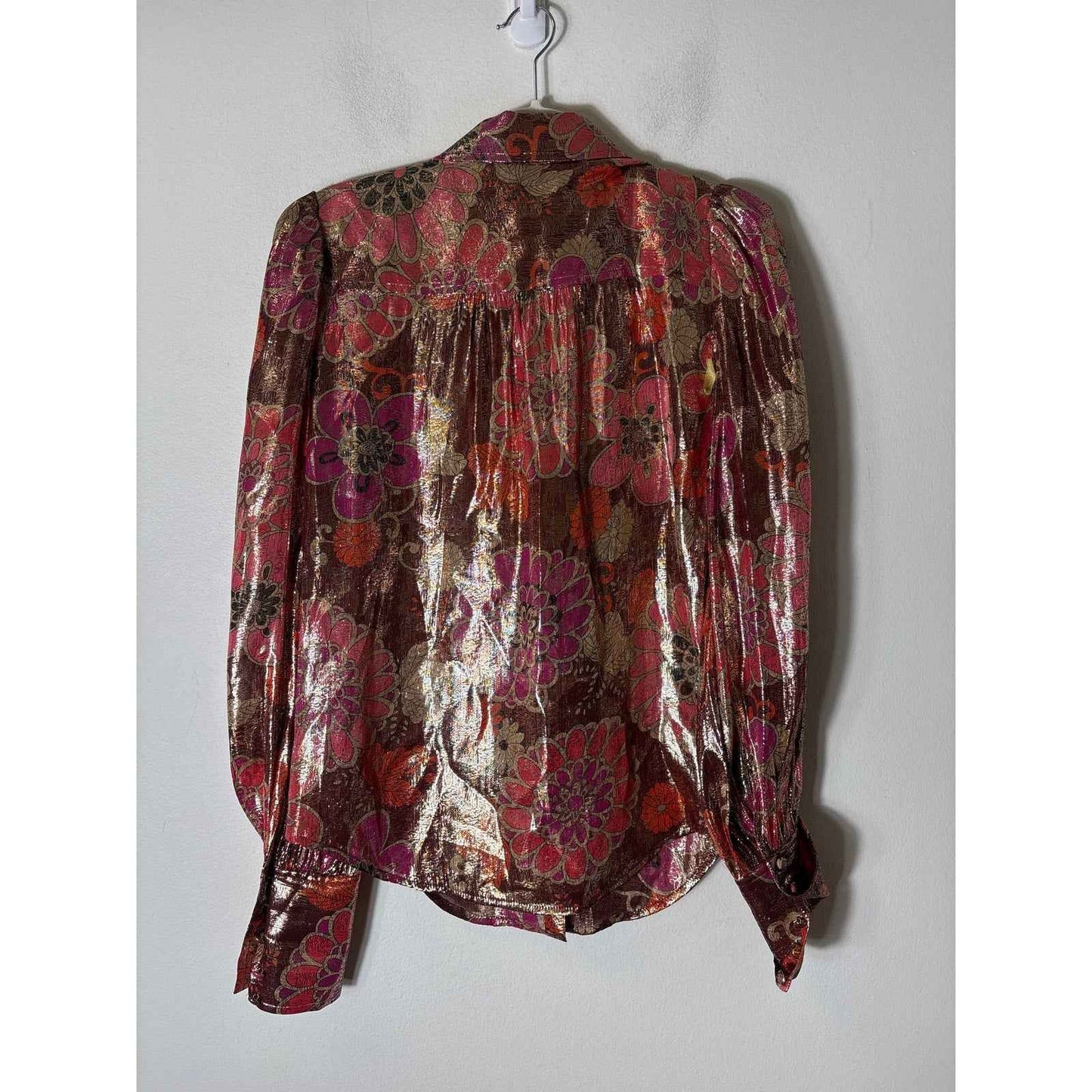 Trina Turk Gold Metallic Long Sleeve Button Up Top Sz S