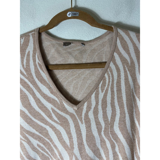 Lilla P Off White/Tan Long Sleeve V-Neck Sweater Sz M