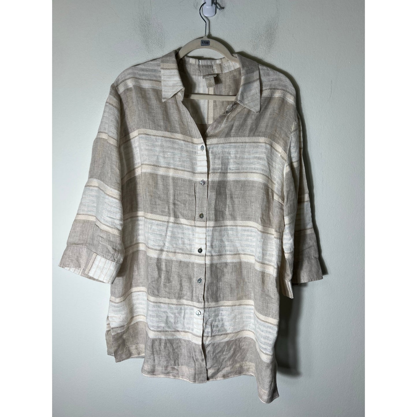 Chico's Off White Tan 3/4 Sleeve Linen Button Up Sz 3