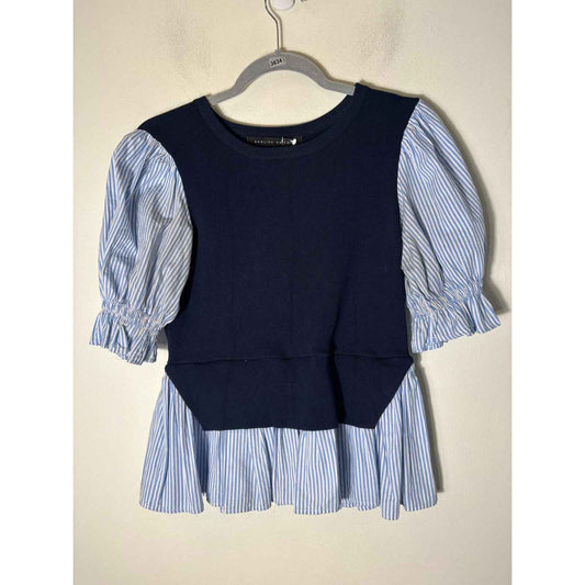 English Factory Blue Mixed Media Layered Sweater with Light Blue Pin Stripe S XS