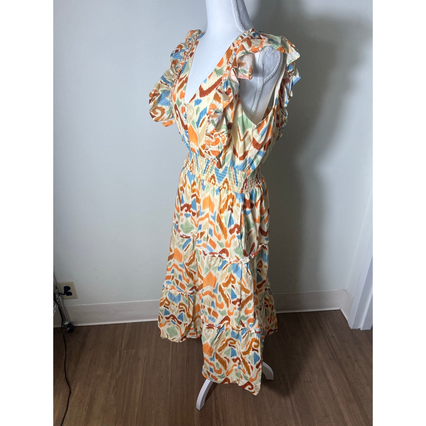 Allison New York Ikat Multi Color Flutter Sleeve V Neck Sun Dress Sz M