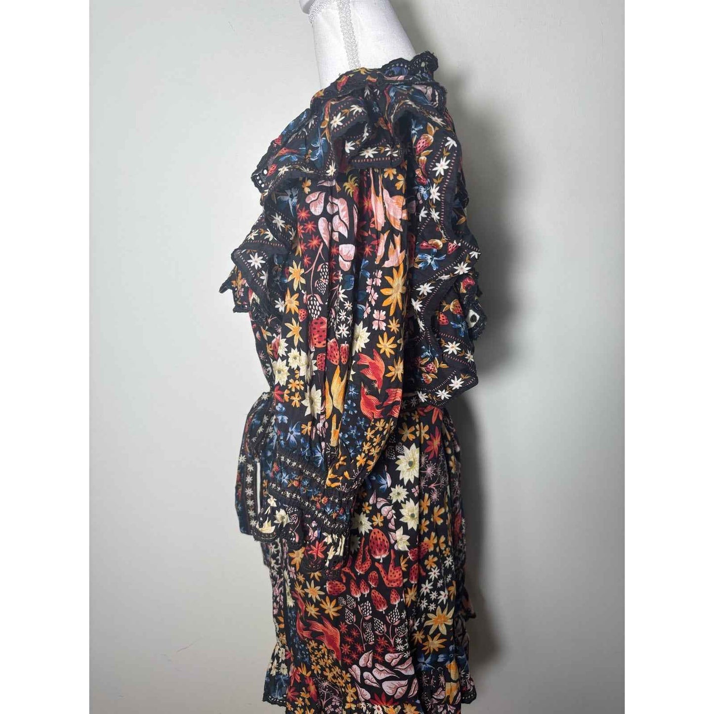 NWT Farmrio Black Floral Half Sleeve Back Zip Mini Dress Sz S