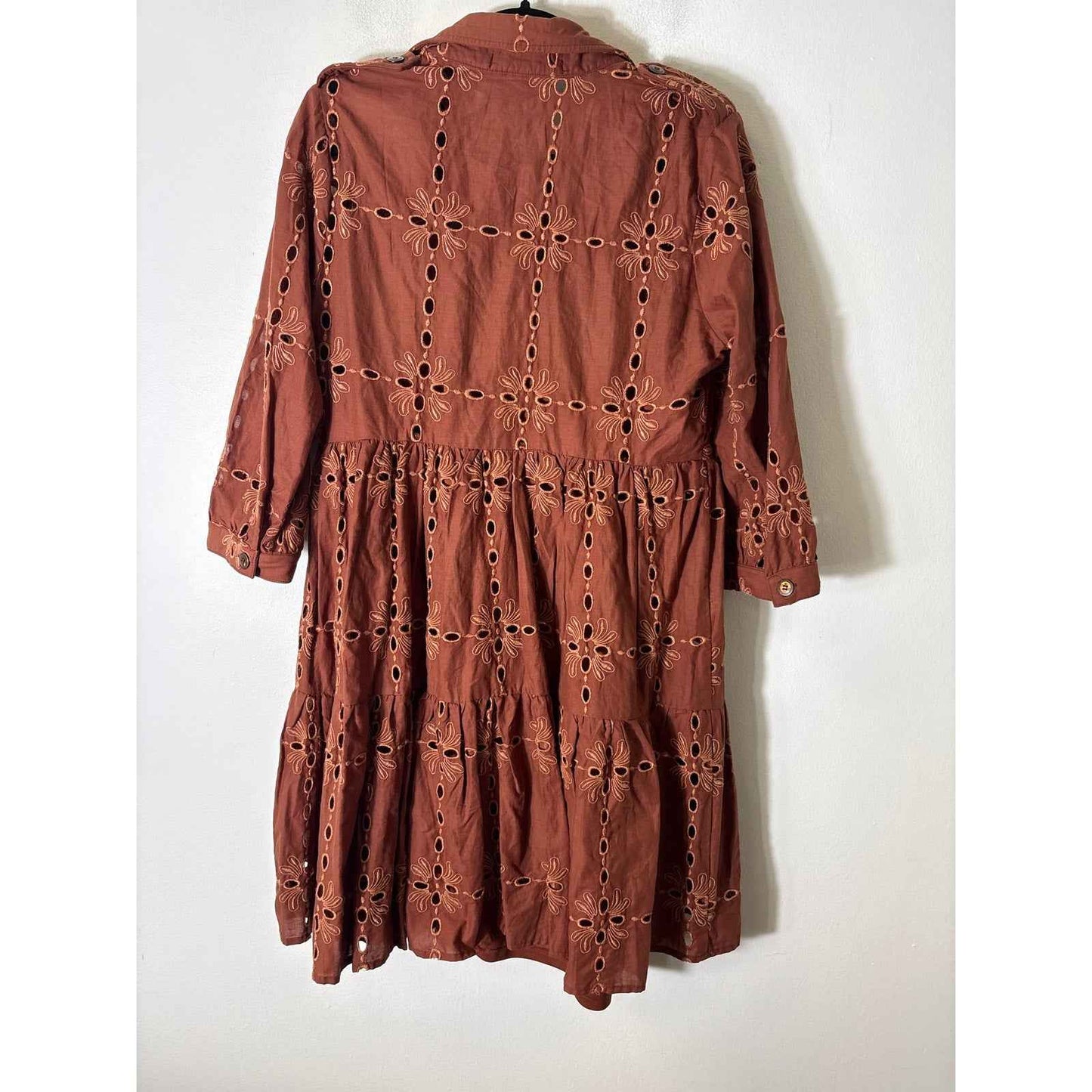 Eva Franco Brown Eyelet Tiered Half Sleeve Mini Dress Sz S