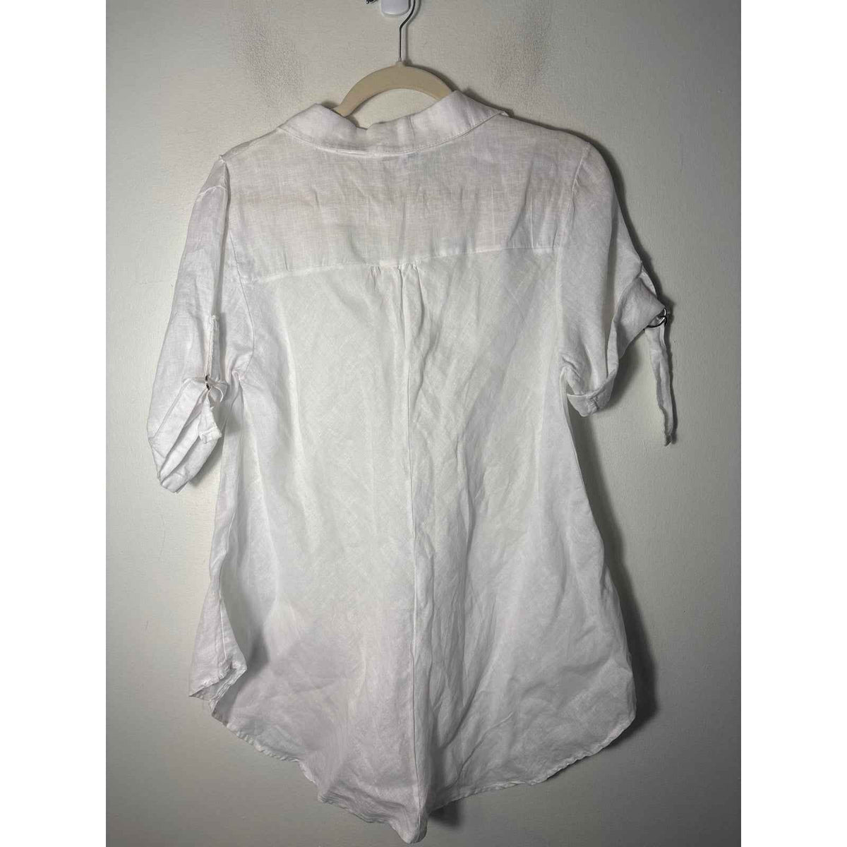 100% Lin Blanc White Short Sleeve Linen V-Neck Tunic Sz 46