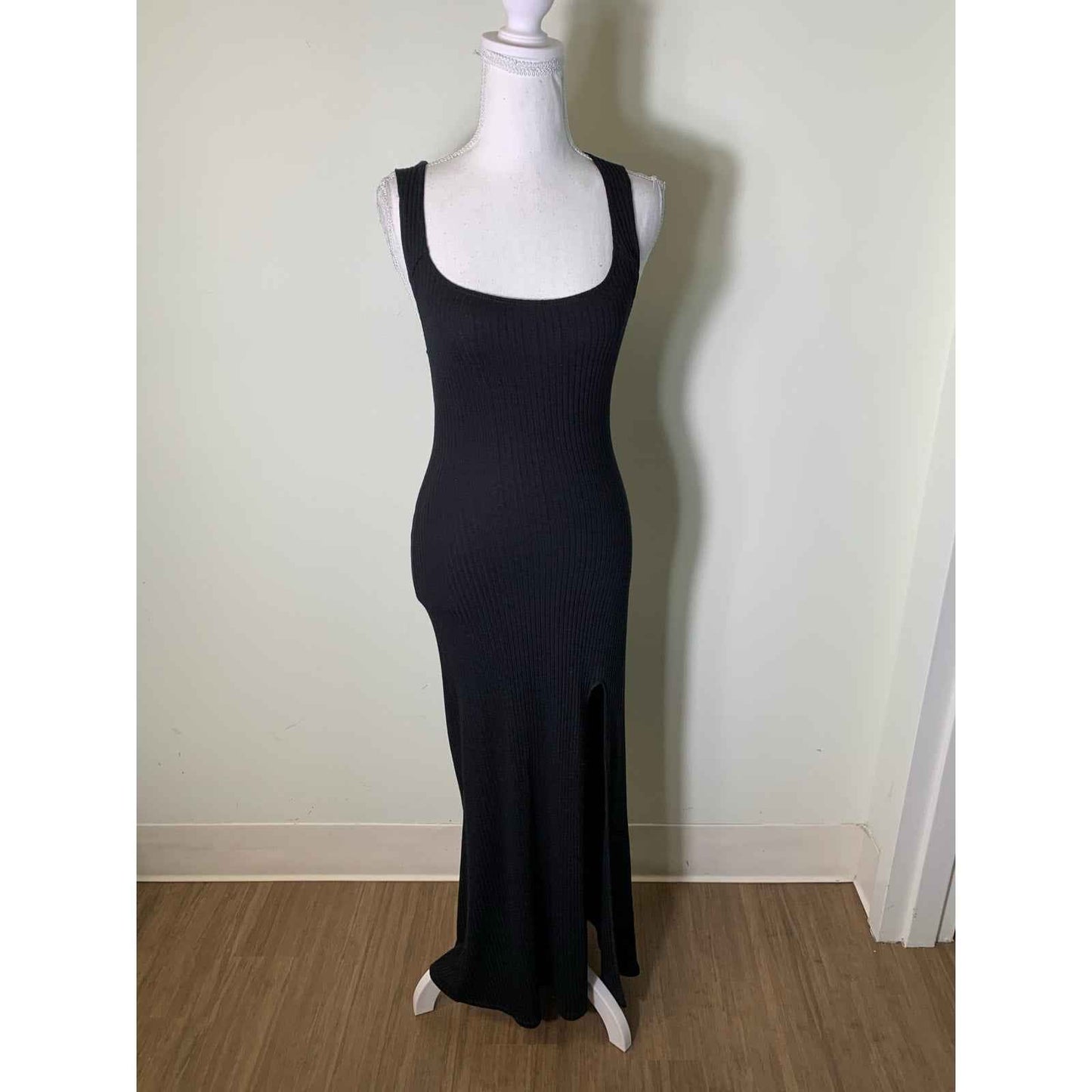 Reformation Black Sleeveless Ribbed Maxi Sheath Dress with Front Slit Sz XS
