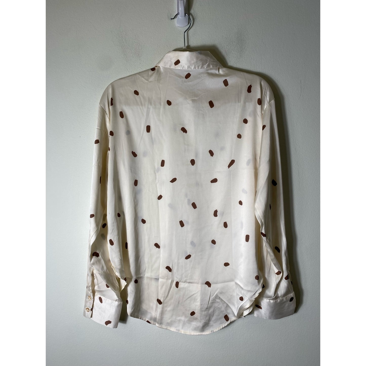 Fab'rik Off White Brown Spot Satin Button Down Blouse Sz S