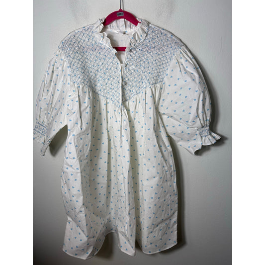 Dondolo White Blue Hearts Half Puff Sleeve Smocked Cotton Shirt Sz L