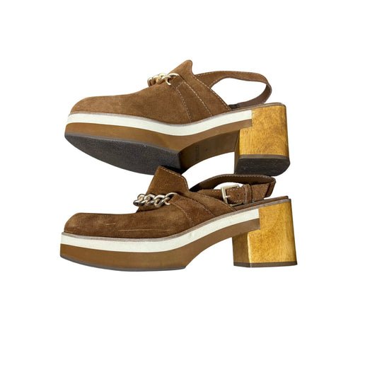 Bernardo Brown and Cream Platform Block Heel Mule Brown Suede sz 8M