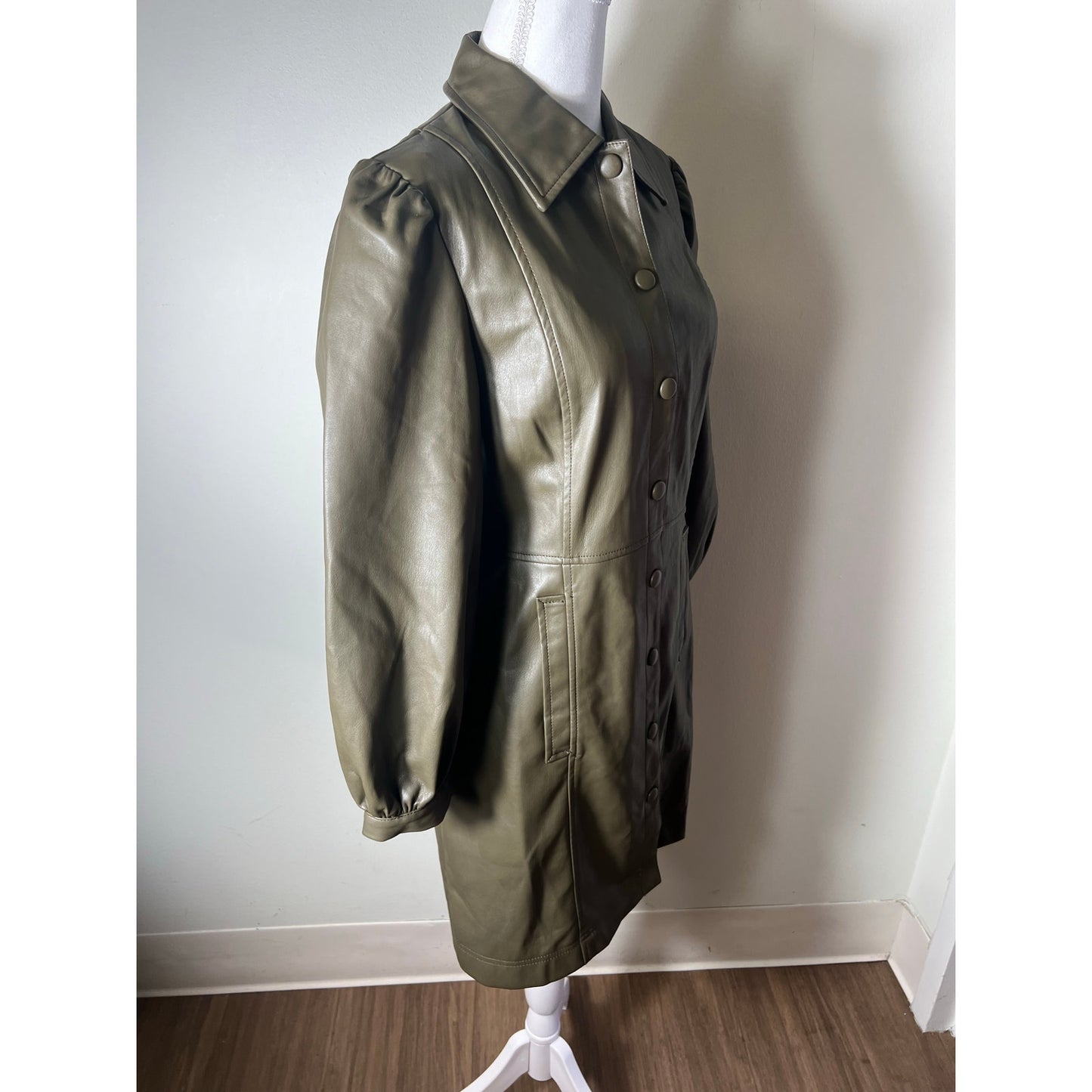 Top Shop Olive Green Faux Leather Long Sleeve Button Up Mini Dress Sz 8