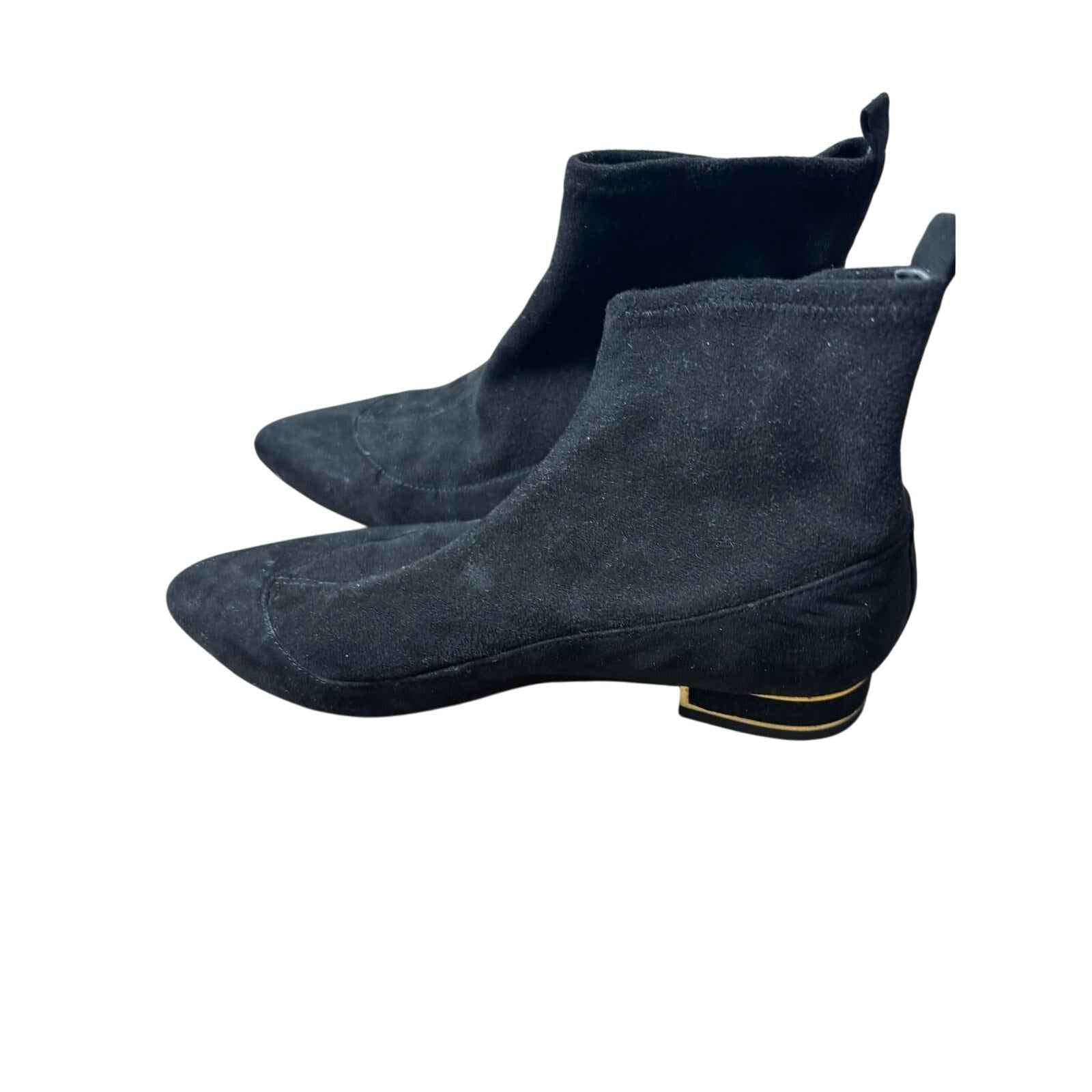 Zara Woman Black Faux Suede Flat Bootie with Gold Detailing Sz 35