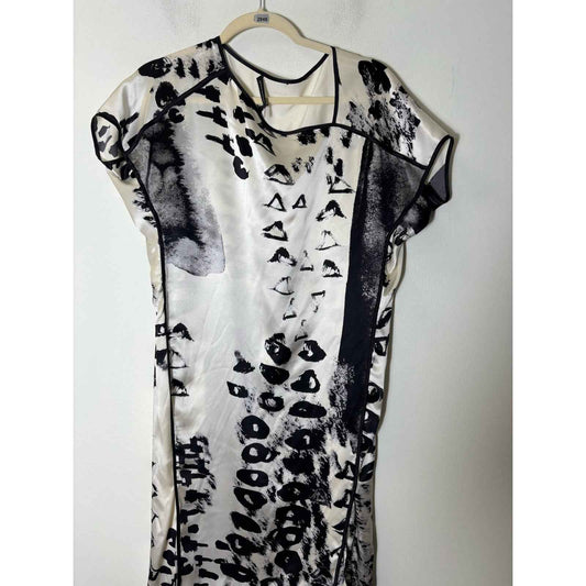 Josie Natori Off White Black Print Asymetrical Knee Length Shift Dress Sz S