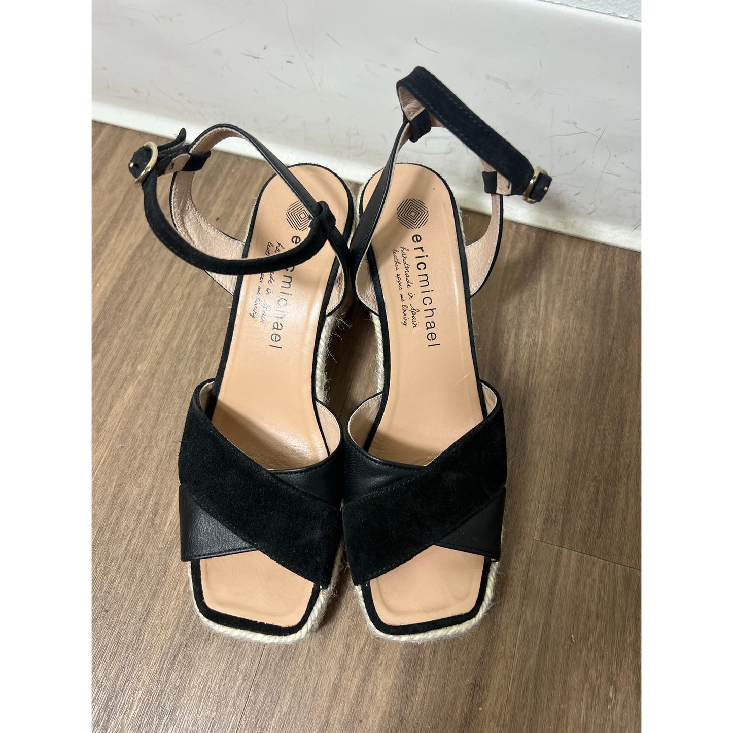 Eric Michael Black Criss Cross Leather Sandal Heels Sz 38 (7.5-8)