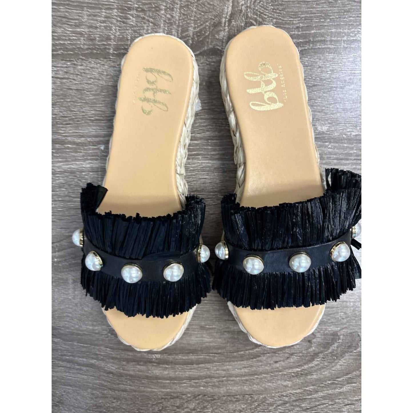 btb Los Angeles Black Raffia With Pearl Slides Sz 8.5