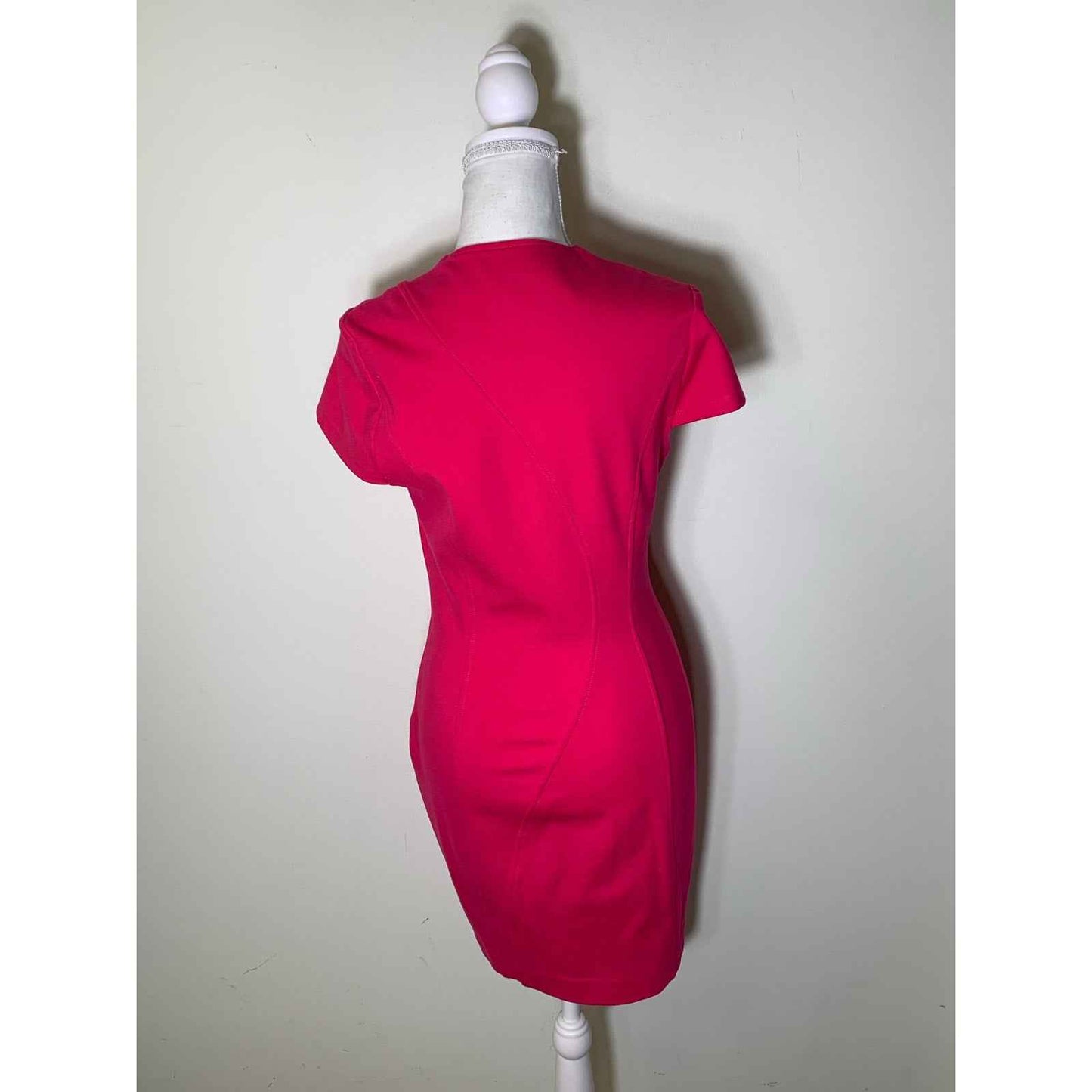Karen Millen Hot Pink Cap Sleeve Knee Length Sheath Dress with Asymetrical Zip Sz 6