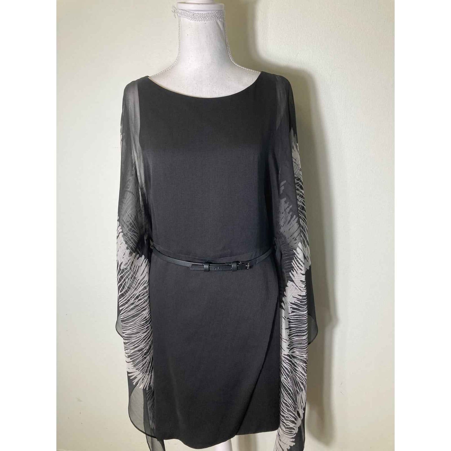 Halston Heritage Black Cocktail Belted Dress w Flowy Sleeves Sz 6