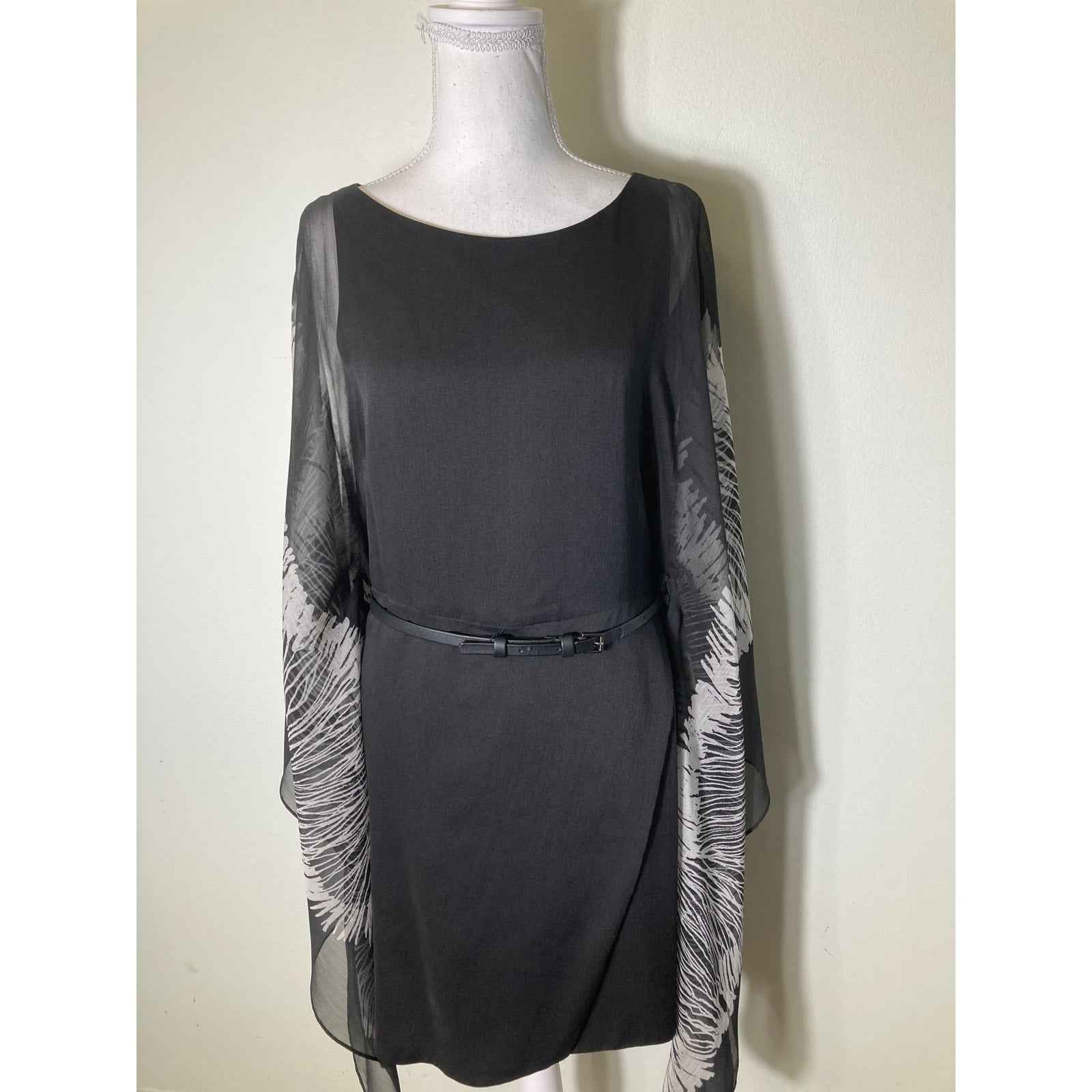 Halston Heritage Black Cocktail Belted Dress w Flowy Sleeves Sz 6