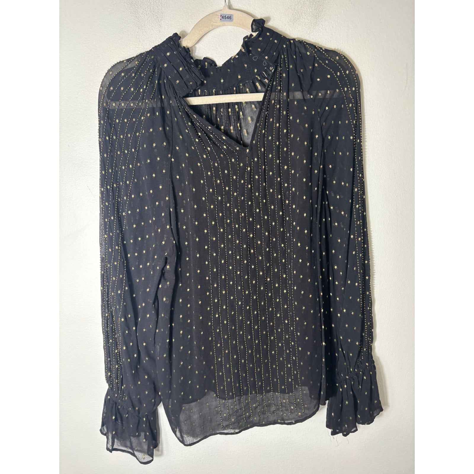 Zara Black and Gold Beaded Sheer Long Sleeve Shirt Sz S