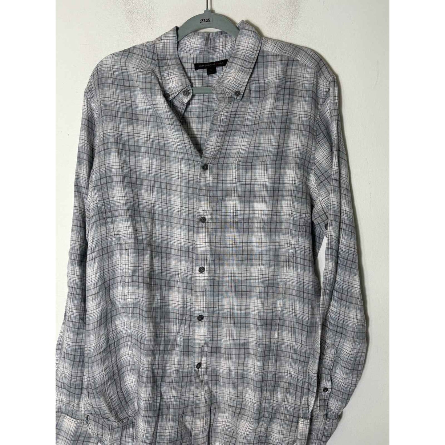 Men's John Varvatos Greenish Gray Plaid Long Sleeve Linen Shirt Sz M