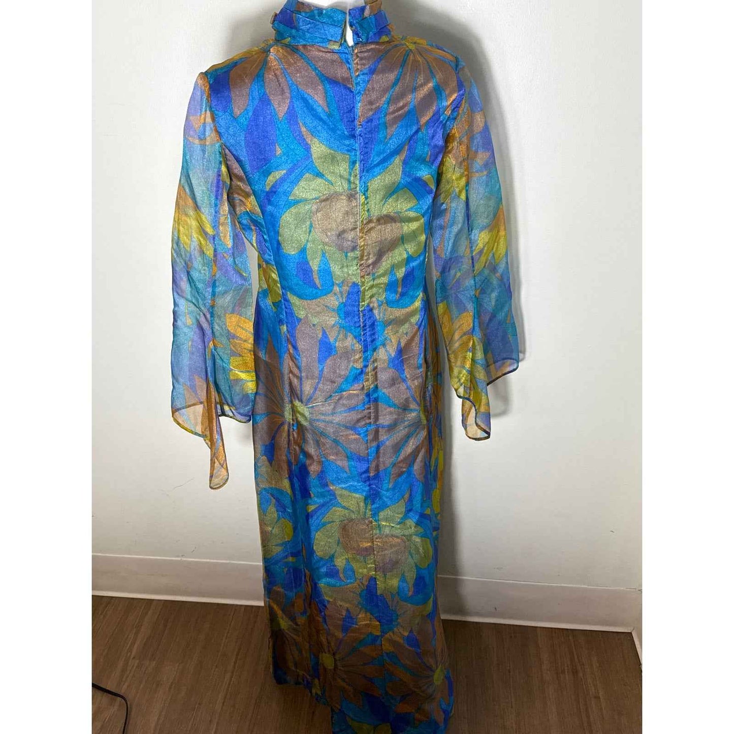 Gina Gaye Blue and Green Floral Overlay Maxi Dress Sz S/M