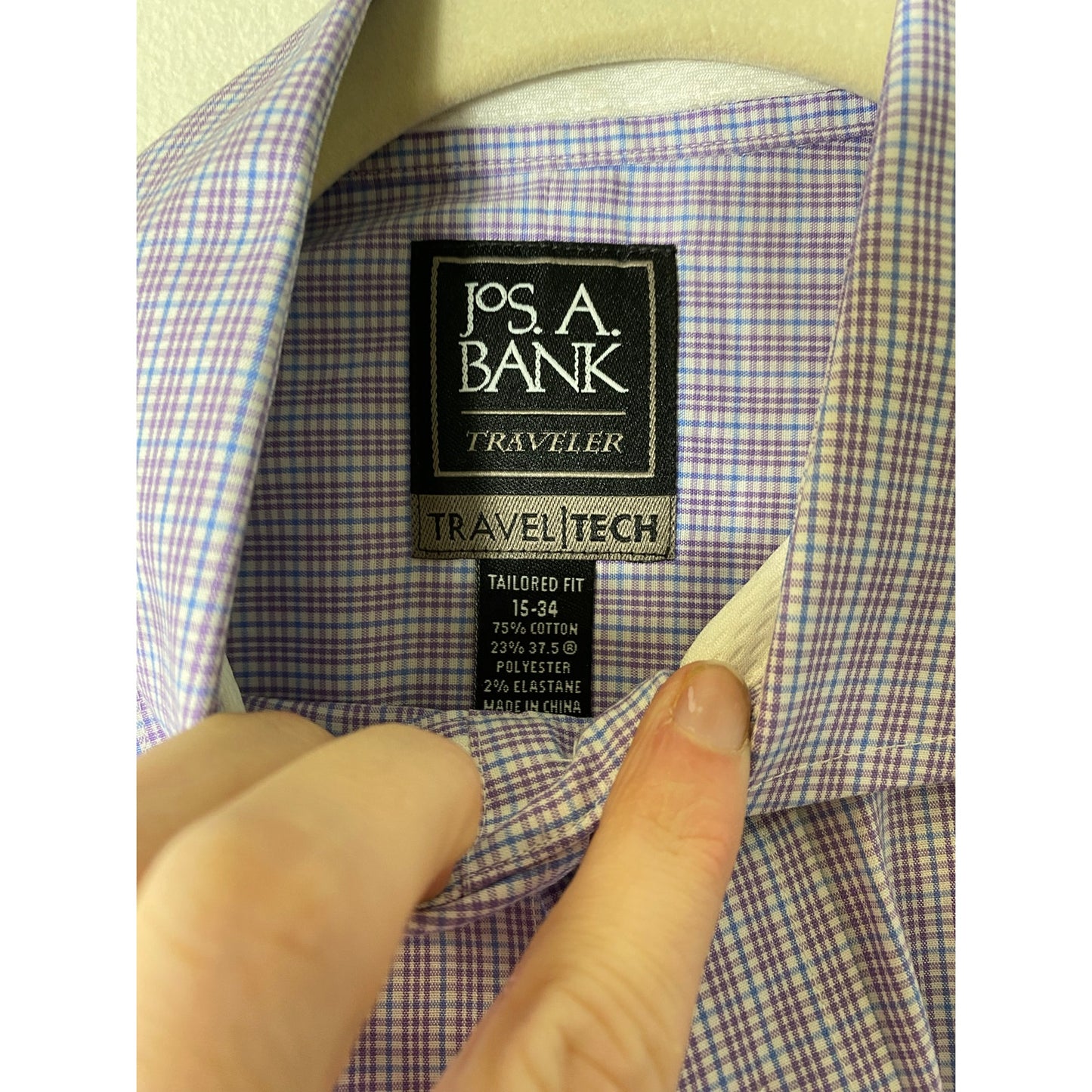 Jos A Bank Traveler Shirt Tailored Fit Sz 15-34 purple plaid.