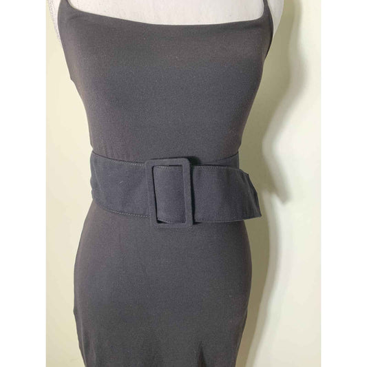 Susana Monaco Black Spaghetti Strap Belted Body Con Below The Knee Dress Sz xs