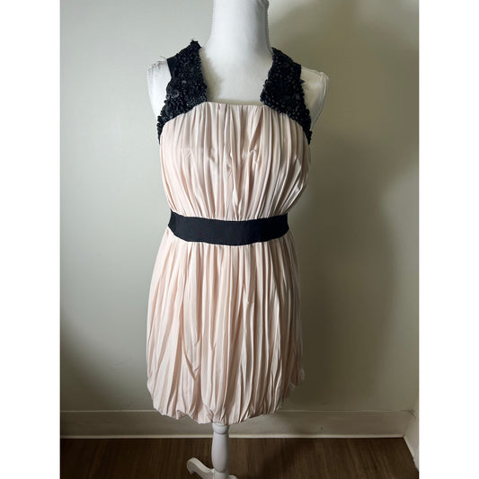 Robert Rodriguez Tan/Blush Pink Black Pleated Knee Length Silk Dress Sz 6