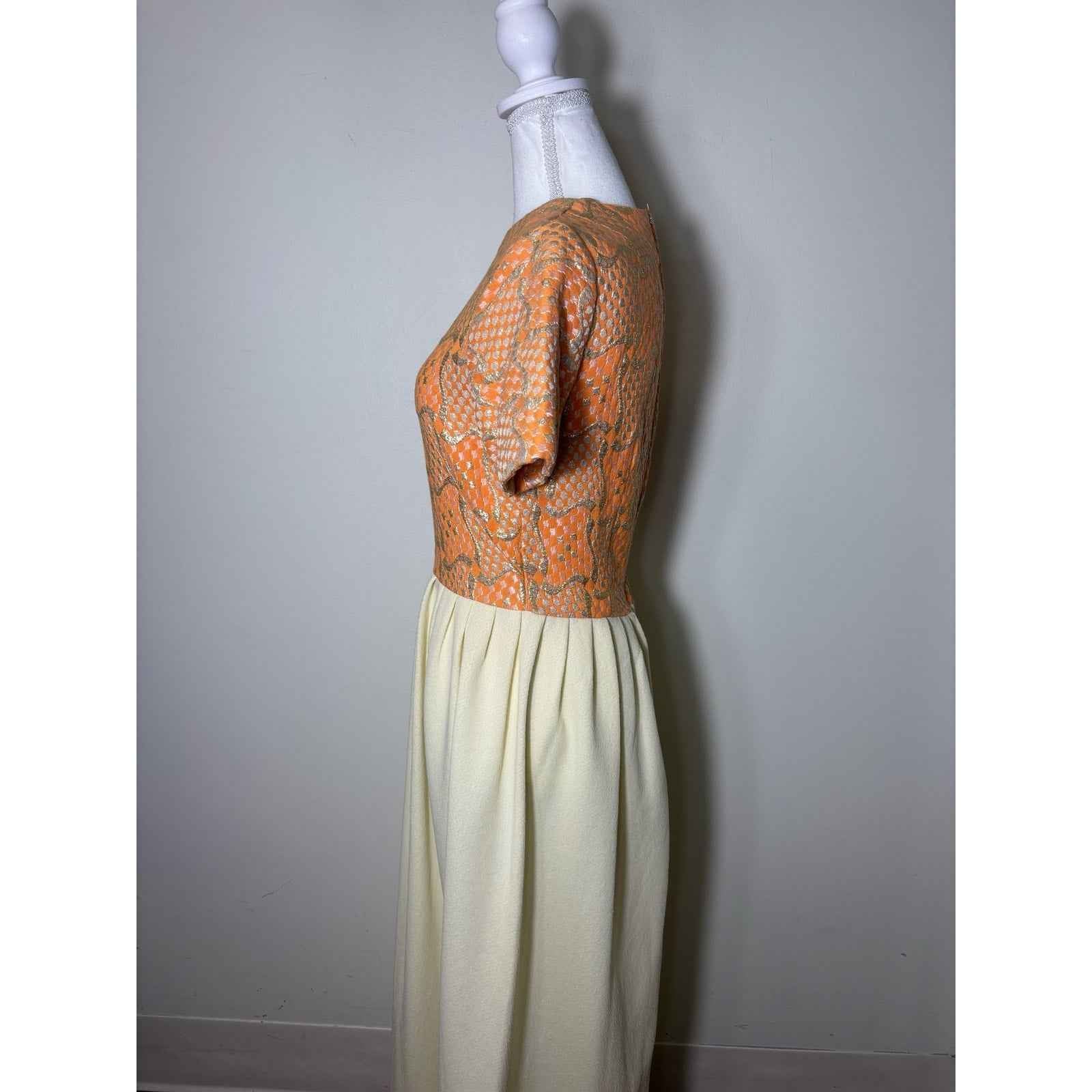 Vintage 1970's Hand Tailored Peach Pink and Gold Ivory Evening Gown Sz S/M