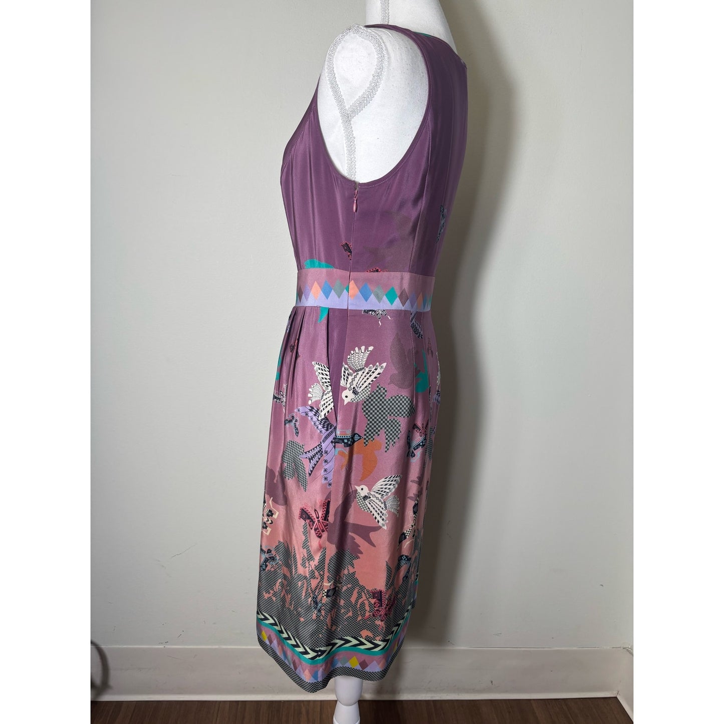 Anthropologie HeyHoe Purple Pink Bird Print Sleeveless Silk Sheath Dress Sz 4