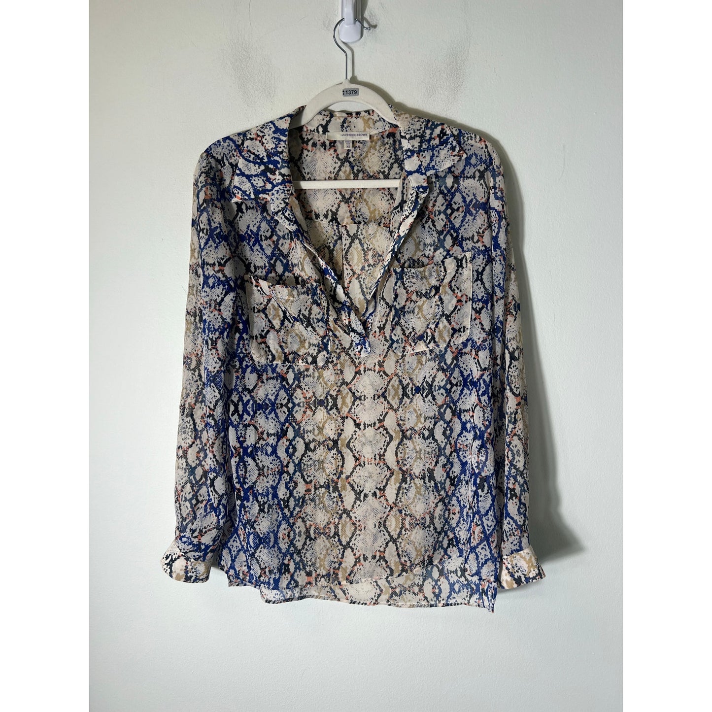 Lavendar Brown Blue Sheer Snakeskin Print Long Sleeve Shirt Sz XS