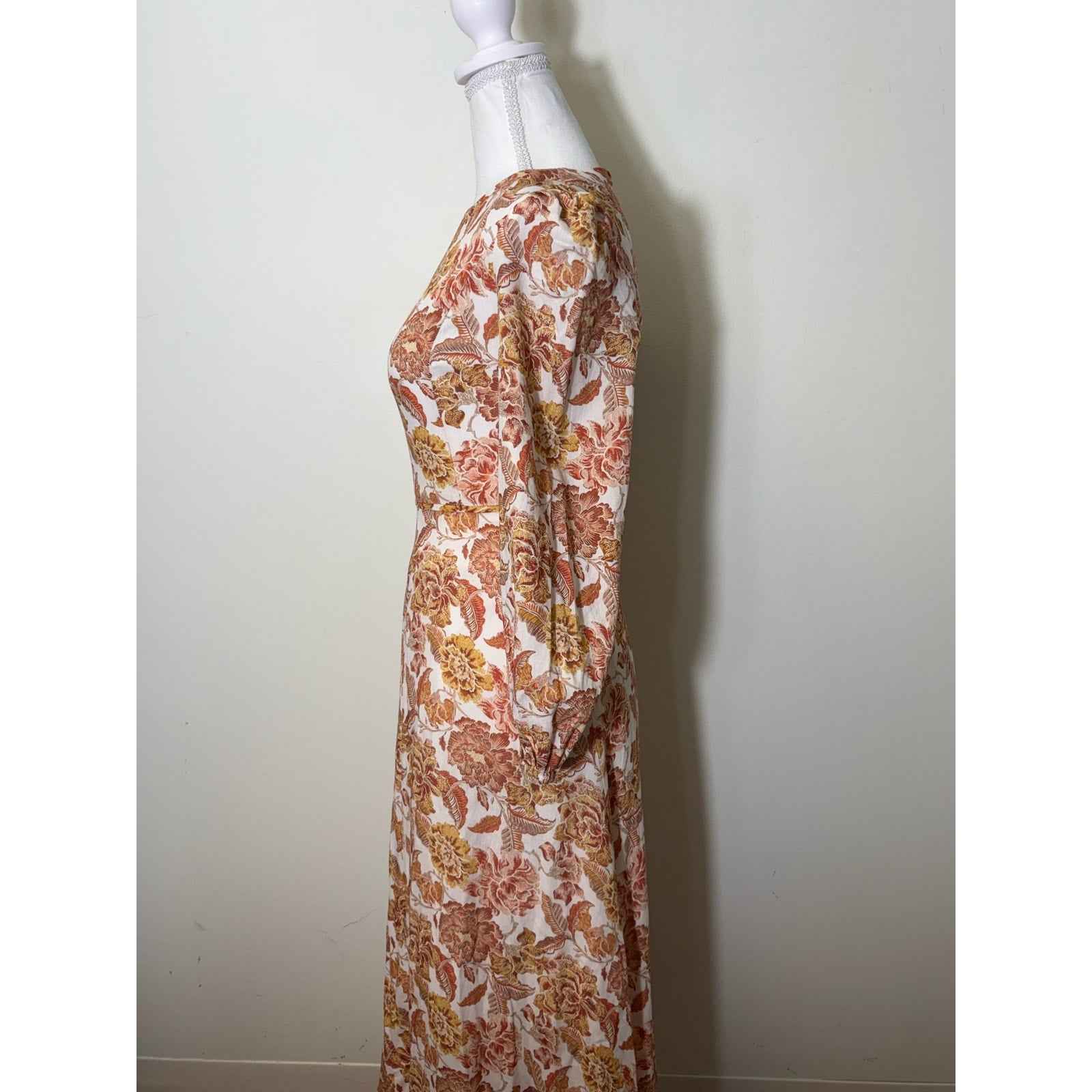 Hyacinth House Dark Orange White Floral Print Long Sleeve Maxi Dress Sz XXS