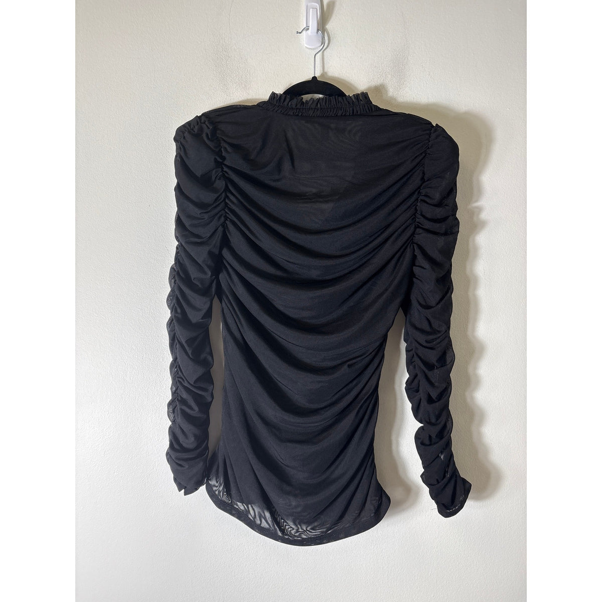 WHBM Black Long Sleeve Ruffled Ruched Shirt Sz M