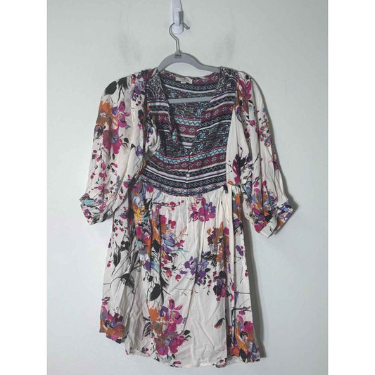 Umgee Multicolor Floral 3/4 Bubble Sleeve V Neck Mini Dress Sz S