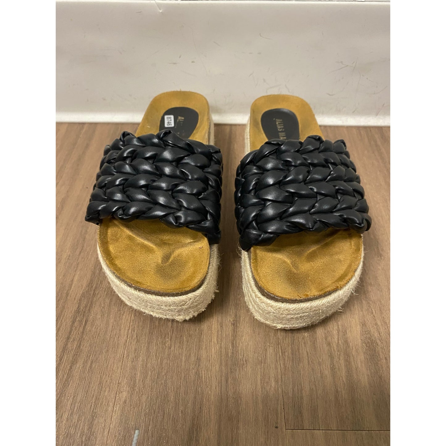Alias Mae Black Braided Leather Stacked Slides Sz 8.5