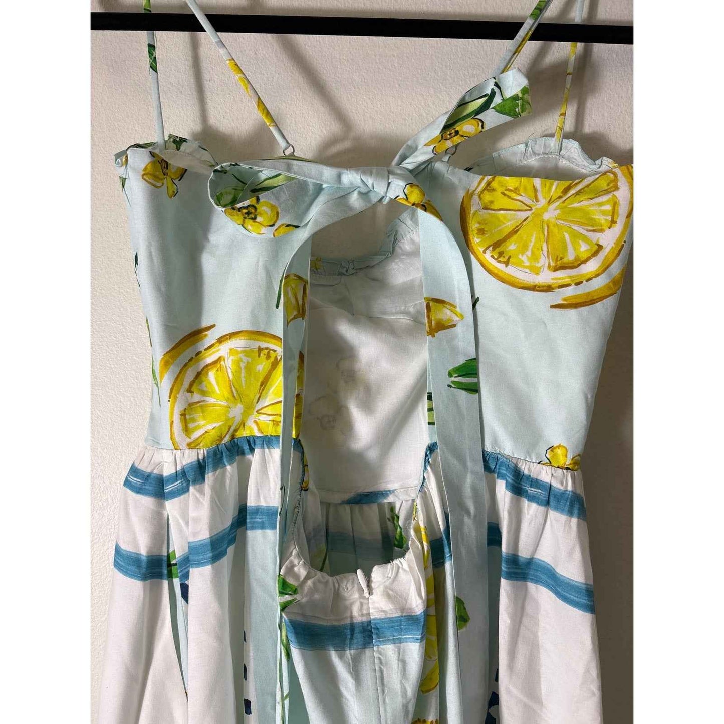 Zara Light Blue Lemons Backless Cotton Maxi Dress Sz L