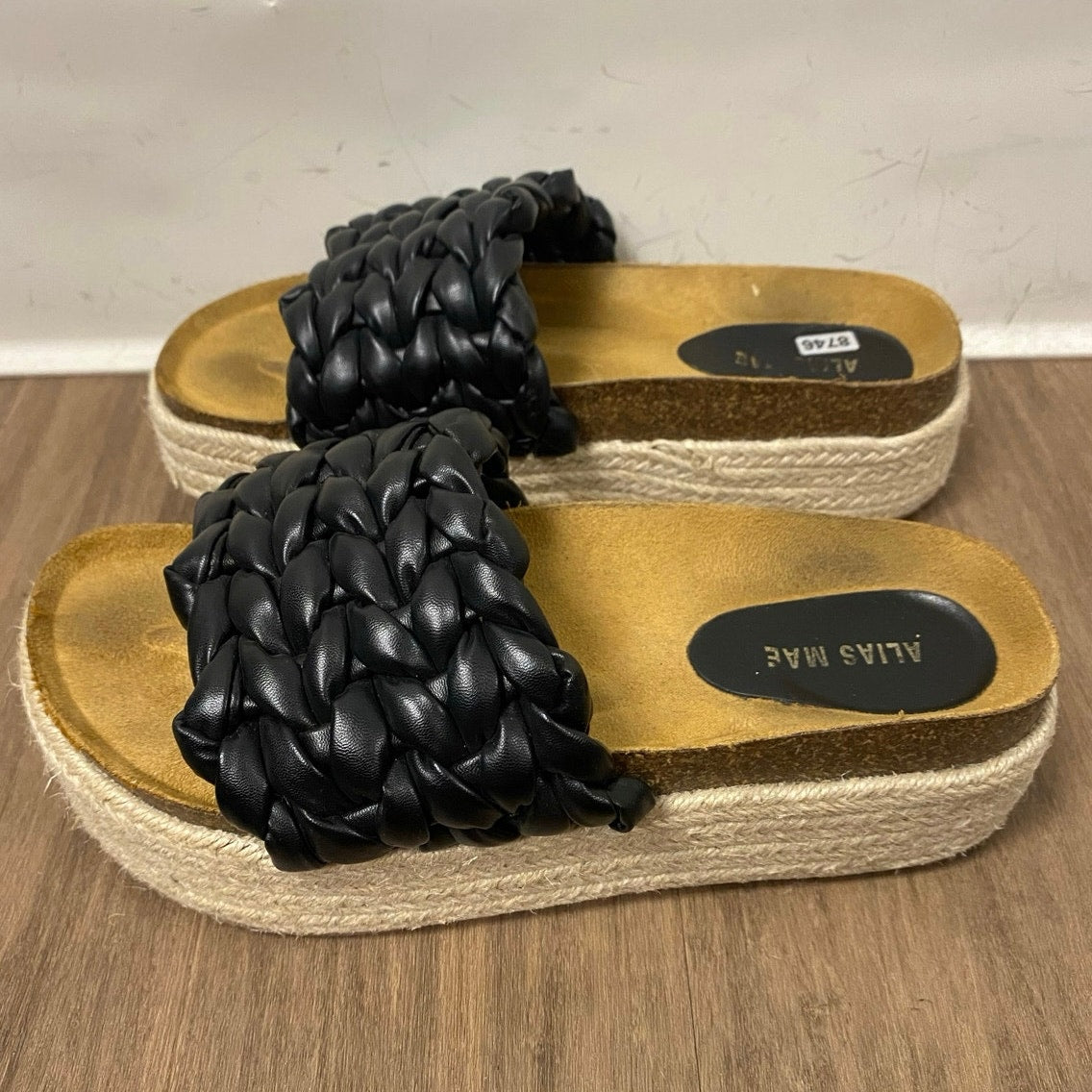 Alias Mae Black Braided Leather Stacked Slides Sz 8.5