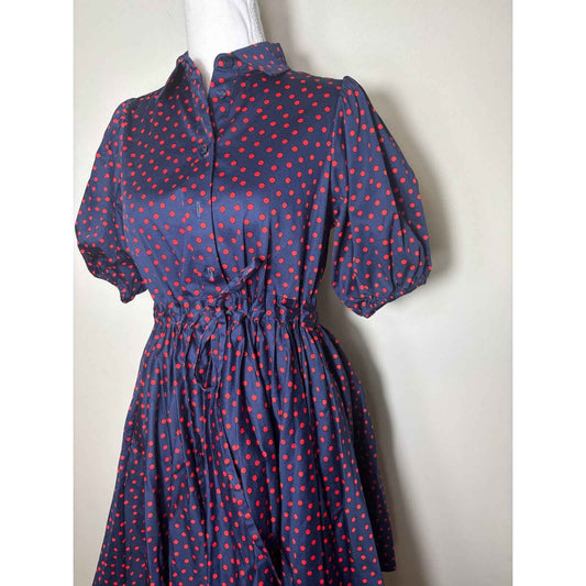 Kate Spade Navy Blue Red Polka Dot Puff Sleeve Mini Dress Sz XS
