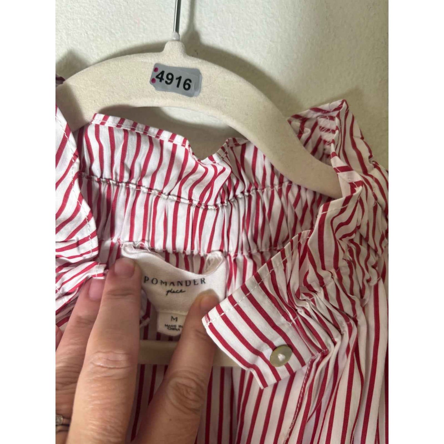 Pomander Place Red and White Stripe Ruffled Neck Shirt Sz M